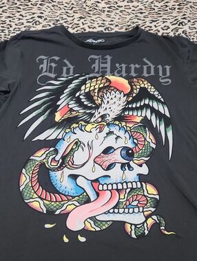 Ed Hardy Black Graphic Tee with Multicolor Skull, Snake & Eagle